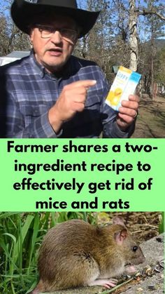 a man wearing a cowboy hat and holding a packet of feces next to a rat