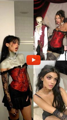 two pictures of women in costumes and one is wearing a corset