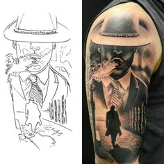 a man's arm with a tattoo on it and an image of a man in a hat