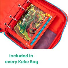 an open red bag with lots of wires in it and the words included in every keke bag