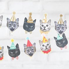 a bunch of cats with party hats on their heads hanging from a string in front of a white brick wall