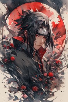 an anime character with black hair and red eyes