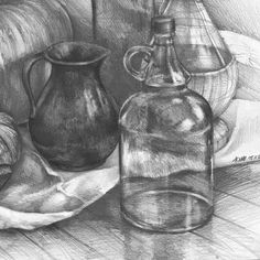 a pencil drawing of some food on a table with a pitcher and other items next to it