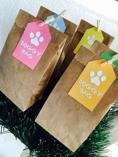 three brown paper bags with dog tags on them