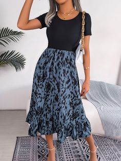 Casual Leopard Print Ruffled Midi Dress - Black,XL Fit And Flare A-line Midi Dress With Ruffles, Ruffle Hem Dress For Brunch, Skirted Dress With Ruffle Hem For Brunch, Fitted Casual Ruffle Midi Dress, Fitted Casual Midi-length Ruffle Dress, Fitted Ruffle Midi Dress, Casual Style, Fitted Midi-length Ruffle Dress Casual, Midi Length Ruffle Dress For Day Out, Spring Midi Dress With Ruffled Skirt