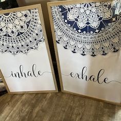 two framed canvass with black and white lace on them that say, inhale and enhale