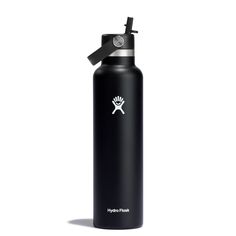 the hydro flask water bottle is blue and has a black lid with a white logo on it