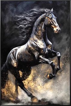 a painting of a horse running in the wind