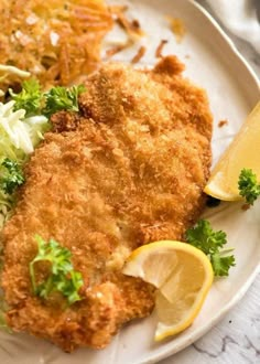 fried fish and coleslaw on a plate with lemon wedges