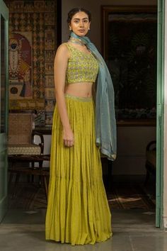 Shop for Surbhi Gupta Green Georgette Printed Lehenga Set for Women Online at Aza Fashions Tiered Lehenga, Printed Lehenga, Bright Pastels, Organza Dupatta, Green Sequins, Silk Skirt, Designer Gowns, Fine Fabric, Indian Design