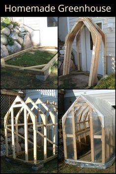 four pictures of different types of greenhouses in various stages of being built and assembled