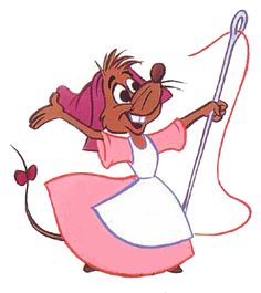 a cartoon mouse in a pink dress holding a string and wearing a red hat with one hand