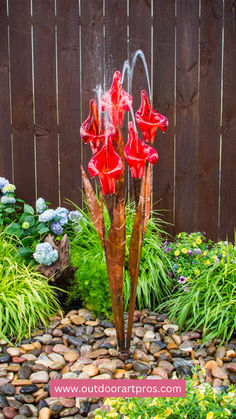 The 50" Copper Blue Iris Flower Garden Fountain is a decorative, flower-inspired copper fountain that adds beauty and relaxation to any backyard, patio, or front yard. Red Iris Flower, Red Iris, Backyard Fountain, Outdoor Water Feature, Garden Water Feature, Fountains Backyard, Copper Design, Outdoor Fountain, Blue Iris