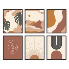 six abstract art prints with different shapes and sizes, each featuring an image of a man's face