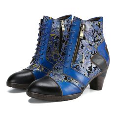 These boots feature a colorful floral pattern on the shaft, primarily in shades of purple and magenta. These vibrant colors infuse the boots with energy and personality, complementing the fundamental design. The colorful floral pattern on the shaft adds a unique visual effect to the entire shoe, cleverly incorporating elements of purple and magenta.  Simultaneously, these boots pay meticulous attention to details and design. The zipper embellishment on the top not only serves as a decorative