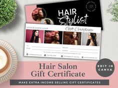 the hair salon gift certificate is displayed next to a cup of coffee and potted plant