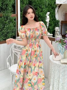 Women's Allover Print Puff Sleeve Cinched Waist Summer Dress, Vacation Style Multicolor Boho  Short Sleeve Woven Fabric Floral,Plants,All Over Print A Line Non-Stretch  Women Clothing, size features are:Bust: ,Length: ,Sleeve Length: Crop Top Jacket, Dress Vacation, Floral Dress Casual, Sun Dresses, Crop Top Sweatshirt, Quick Outfits, Long Midi Dress, Fabric Floral, Mini Velvet Dress