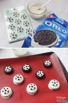 cookies and oreo cookies are being made on a cookie sheet