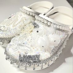 Questions? Leave A Comment Below! Wedding Shoes Crocs, Bride Crocs, Bedazzled Wedding Crocs Shoes, Bedazzled White Crocs, Bedazzled Crocs White, Wedding Crocs, Brown Mules, Tie Dye Men, Black Slip On Shoes