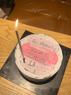 a birthday cake with a lit candle on top