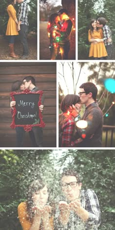 a couple kissing in front of christmas lights and holding a sign that says merry christmas