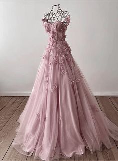 Light Pink Off Shoulder Tulle Floral Party Dress Dress Gowns Elegant, Pink Tulle Prom Dress, Off Shoulder Tulle, Gaun Abad Pertengahan, Prom Dresses Elegant, Floral Party Dress, Dresses Formal Elegant, Sequin Appliques, Prom Dress Inspiration