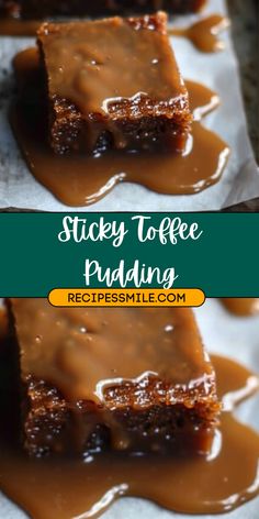 sticky toffee pudding with caramel glaze on top and in the middle