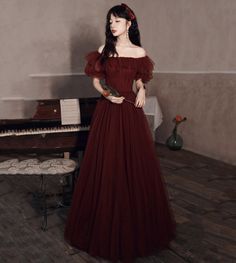 Prom Dress Burgundy, Tulle Long Prom Dress, Burgundy Evening Dress, A Line Evening Dress, Long Prom Gowns, Evening Dresses With Sleeves, Winter Formal, Burgundy Lace, A Line Prom Dresses