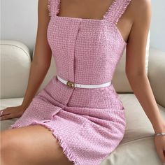 Pink Tweed Dress Without Belt Ships In 6-10 Days~All Purchases Shipped With A Special Gift Size Tags Are Letters S-(4) M-(6) L-(8-10) Pink Strap Dress, Holiday Minimalist, Barbie Winter, Pink Tweed Dress, Outfits Quotes, Minimalist Blouse, Modest Casual, Cruise Party, Pink Mini Skirt