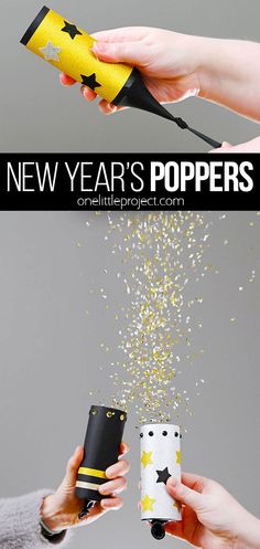 This New Year's craft for kids is so cool! Make DIY confetti poppers to celebrate New Year's Eve and begin the new year with some sparkle. These glittery New Year's poppers are super festive and SO EASY to make, using dollar store supplies. Get creative decorating your homemade party poppers and have fun watching the confetti fly into the air!