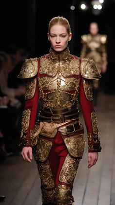 a woman in a gold and red outfit walking down the runway at a fashion show