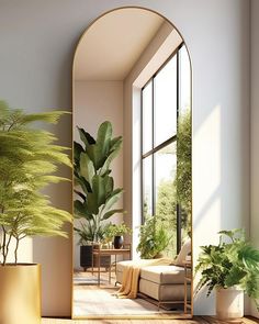 a living room filled with lots of plants next to a large arched window on top of a hard wood floor