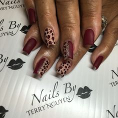 Matte gel nails Burgundy Leopard Print Nails, Dark Red Leopard Print Nails, Burgundy And Leopard Nails, Burgundy Leopard Nails, Maroon And White Nails Design, Red And Leopard Print Nails, Red Leopard Print Nails, Cheetah Print Nail Designs, Red Cheetah Nails