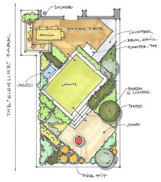 a drawing of a garden design with some details on the ground and trees around it