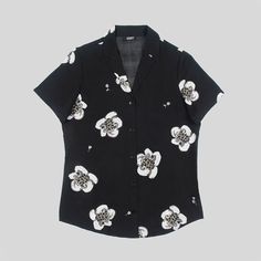 Heart Full of Soul - Black and Grey Floral Print Shirt | Straight To Hell Apparel Printed Tops For Workwear, Printed Relaxed Fit Tops For Workwear, Printed Tops With Relaxed Fit For Workwear, Casual Floral Print V-neck Hawaiian Shirt, Black Relaxed Fit V-neck Shirt, Black V-neck Shirt With Relaxed Fit, Black Printed Collared Blouse, Fitted Short Sleeve Shirt With Camp Collar And Print, Fitted Black Hawaiian Shirt With Short Sleeves