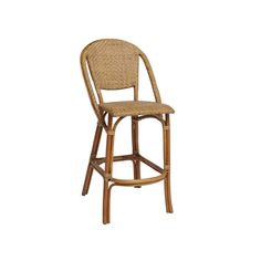 a wooden bar stool with a rattan seat and backrest, on a white background