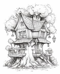 a drawing of a tree house in the middle of a field with trees growing out of it