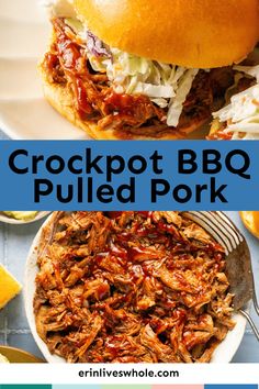 crockpot bbq pulled pork on a plate with coleslaw