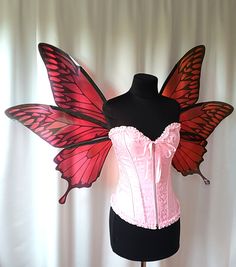 a pink corset with butterfly wings on display