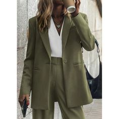 Details:Pocket \nSleeve Type:Regular Sleeve \nStyle:Elegant \nNeckline:Shirt Collar \nColor:Army Green \nPattern Type:Plain \nLength:Crop \nBottom Type:Pants \nTemperature:Spring/Fall (18-25℃/63-77℉) \nFit Type:Regular Fit \nMaterial:Canvas \nComposition:95% Polyester \nComposition:5% Elastane \nSheer:No \n Long Blazer Jacket, Event Outfit, Classy Work Outfits, Online Fashion Store, 가을 패션, Work Outfits Women, Professional Outfits