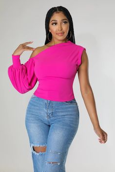 This women's one shoulder one sleeve fuchsia top is a statement piece. Pair it with a fitted bottom for a statement look. Description: Slight Stretch One Shoulder Puff Sleeve No Closure 95% Polyester 5% Spandex Model is Wearing Small Model Stats: Height 5’5” / Bust 34” / Waist 27” / Hip 42” Great stretch, one shoulder, one long sleeve arm *Runs Slightly Small- Order up a size if in between sizes One Sleeve Top, Too Blessed, Shoulder Puff Sleeve, Chic Blouses, One Shoulder Tops, Blouse Top, Plus Size Tops, Summer Women, Spring Outfits