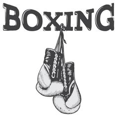 a pair of boxing gloves hanging from a string with the words boxing written on it