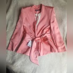 Satin Blazer With Belt Jacket Pink Sizes M & L Bnwt Elegant Long Sleeve Blazer For Spring, Elegant Long Sleeve Spring Blazer, Spring Evening Tailored Blazer, Feminine Long Sleeve Evening Outerwear, Tailored Evening Blazer For Spring, Feminine Formal Spring Blazer, Chic Long Sleeve Silk Blazer, Chic Silk Blazer With Long Sleeves, Feminine Tailored Spring Blazer