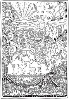 an adult coloring page with clouds and trees