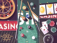 a collage of casino related items including chips, cards and rouleets with the word casino on them