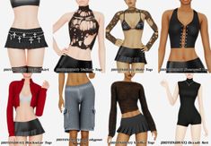 several different types of women's clothing and bra tops in various styles, sizes and colors