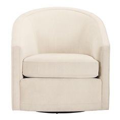 an upholstered white chair with a round footstool on the bottom and armrests