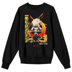 Unleash your inner hero with this black My Hero Academia crew neck long sleeve sweatshirt featuring the explosive Katsuki Bakugo within a vibrant orange circle, accompanied by the series kanji logo. Crafted from a premium blend of 50% cotton and 50% polyester, this officially licensed sweatshirt ensures comfort and style on your heroic journey. Keep the sweatshirt vibrant with easy care. Just machine wash it on cold with like colors and tumble dry on low heat. Black Hooded Sweatshirt, White Graphic Tee, White Crew Neck, Logo Sweatshirt, Graphic Tee Shirts, My Hero, Long Sleeve Sweatshirts, Graphic Hoodies, Hero Academia