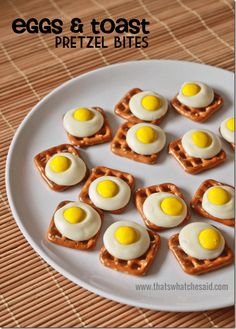 eggs and toast pretzel bites on a white plate with text overlay that reads, eggs and toast pretzel bites