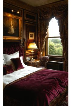 a bed in a bedroom next to a window with curtains on both sides and a painting hanging above it